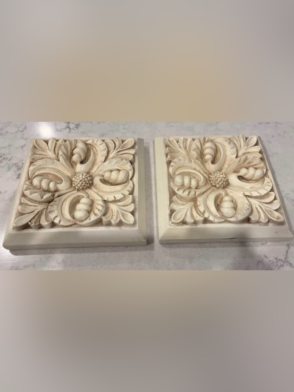Ornate Carved Wall Accent Pair in Cream 7x7